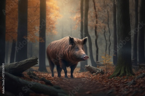 Wild boar in the forest in autumn. Generative AI © Andrii 