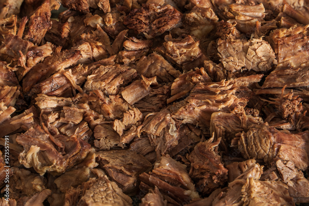 Tender braised beef meat close up.