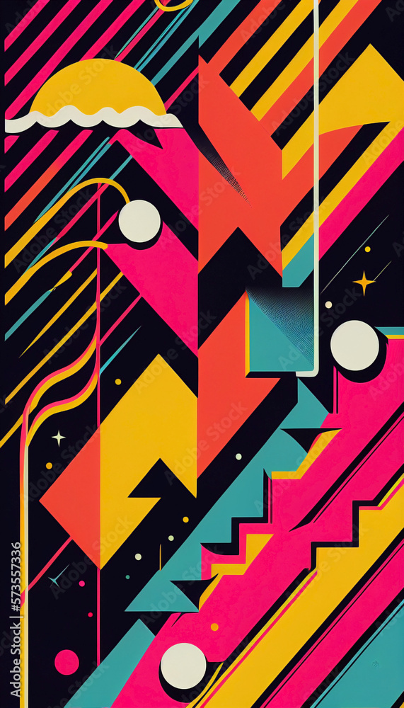 Polygonal shapes on a dark night with stars. Retro background with vintage style full of vivid and saturated colors. 3d rendering.