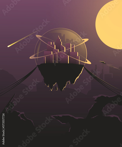 A fantasy landscape of a floating city in a dark sunset under the dome protected by rings and sunlight touching the glass and reflecting on mountains showing beautiful futuristic scene in retro style.