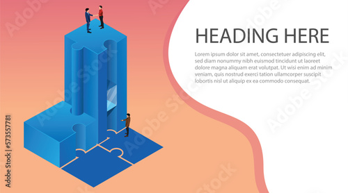 Conceptual isometric puzzle block building with an elevator going up where small people shaking hands with a free space at the background for text