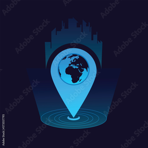 Blue location icon with futuristic graphic vector around. City buildings over it shows the area and gives futuristic feel. Can be used in anywhere to represent location mark