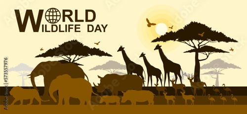 World wildlife day, Wild animals and Natural botanical, Grassland safari, Environment conservation, National park, Sustainable of Ecology concept, Think green nature, Save the planet and Eco friendly.