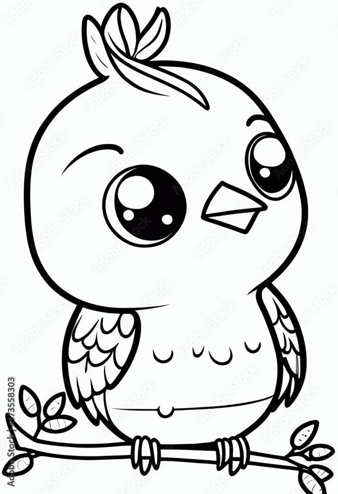 Cute bird. Coloring book page for children. Black and White Cartoon Illustration line art. 