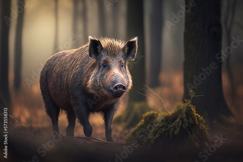 Boar in the forest. Generative AI © AIproduction
