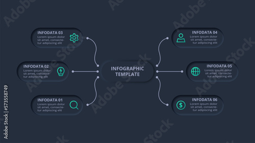 Neumorphic flowchart dark iinfographic. Creative concept for infographic with 6 steps, options, parts or processes.