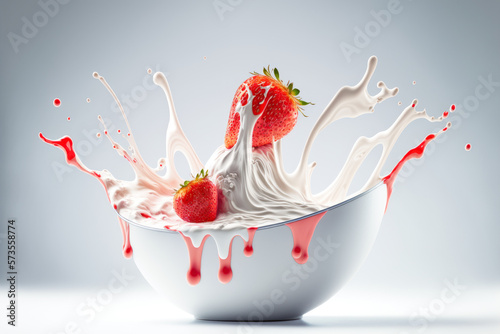 a strawberry dropping into joghurt  splashing  Generative AI