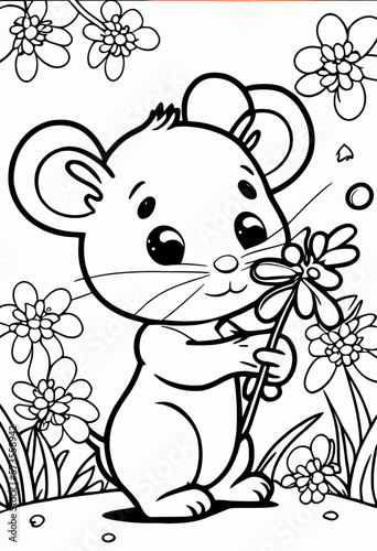 Cute mouse with flower animal. Coloring book page for children. Black and White Cartoon Illustration line art. 