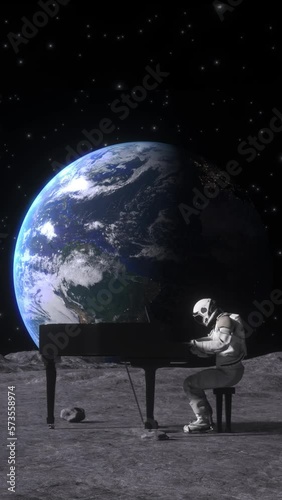 Astronaut playing piano on the moon. Vertical loop animation photo
