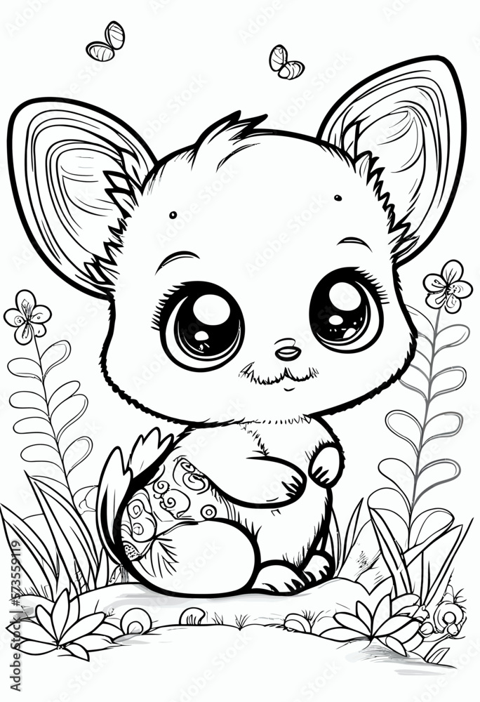 Cute mouse animal. Coloring book page for children. Black and White