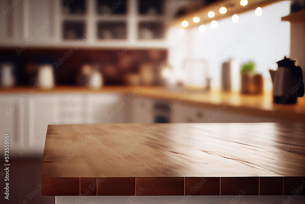 Empty wood counter top with blurred minimal kitchen background. Generative AI.