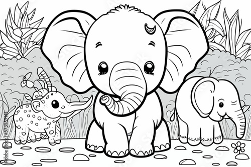 Cute elephant animal. Coloring book page for children. Black and White Cartoon Illustration line art. 