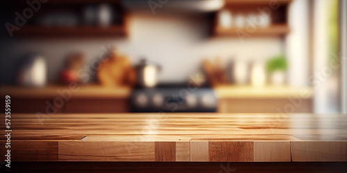 Empty wood counter top with blurred minimal kitchen background. Generative AI.