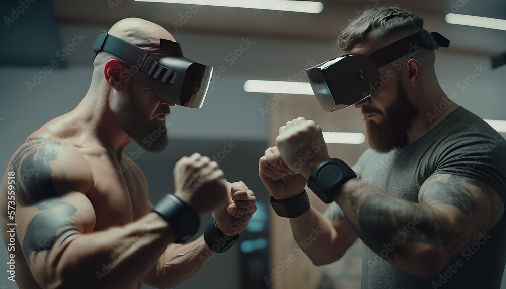 Two young men in virtual reality headsets are exercising in the gym. Generative AI