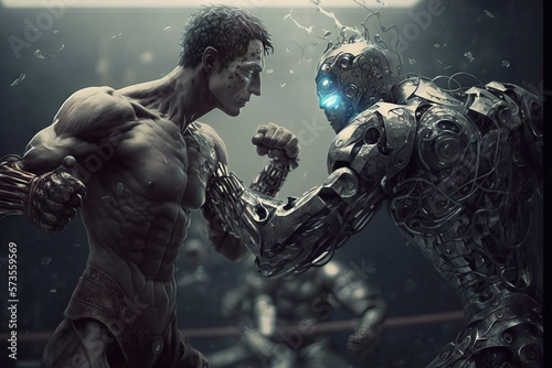 Generative AI of a male cyborg fighting with a robot