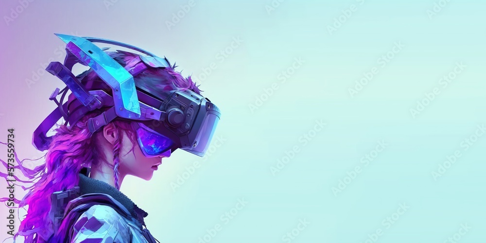 woman using digital smart device technology googles headset looking into the world of metaverse virtual reality - obrazy, fototapety, plakaty 