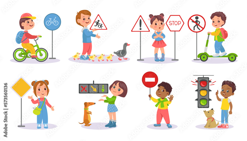 Children study road signs. Kids learning rules for correct pedestrian behavior. Traffic lights. Transportation regulation. Safety street crossing. Necessary education. Splendid vector set