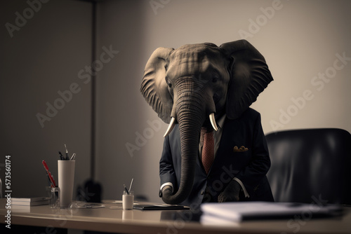an elephant in a business suit in the office, Generative AI