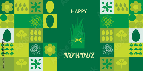 Postcard with Novruz holiday. Novruz Bayram background template. Spring flowers, painted eggs and wheat germ. Geometric mosaic. Festive banner.
