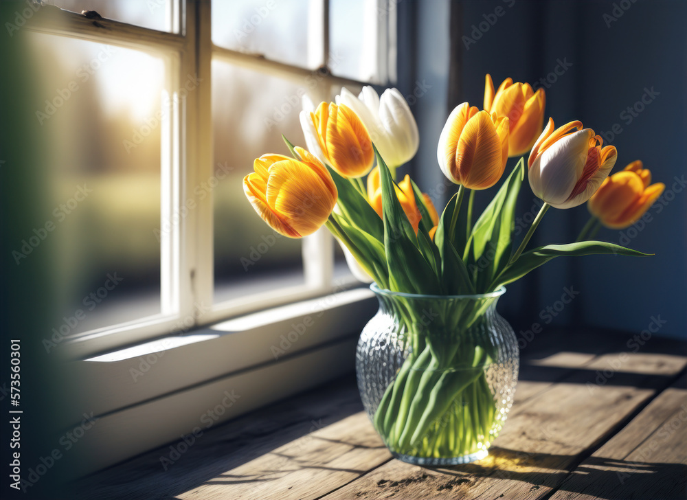 tulips in a vase on a windowsill, Generative AI - obrazy, fototapety, plakaty 