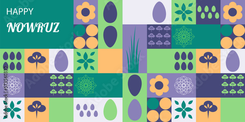 Postcard with Novruz holiday. Novruz Bayram background template. Spring flowers, painted eggs and wheat germ. Geometric mosaic. Festive banner. Vector