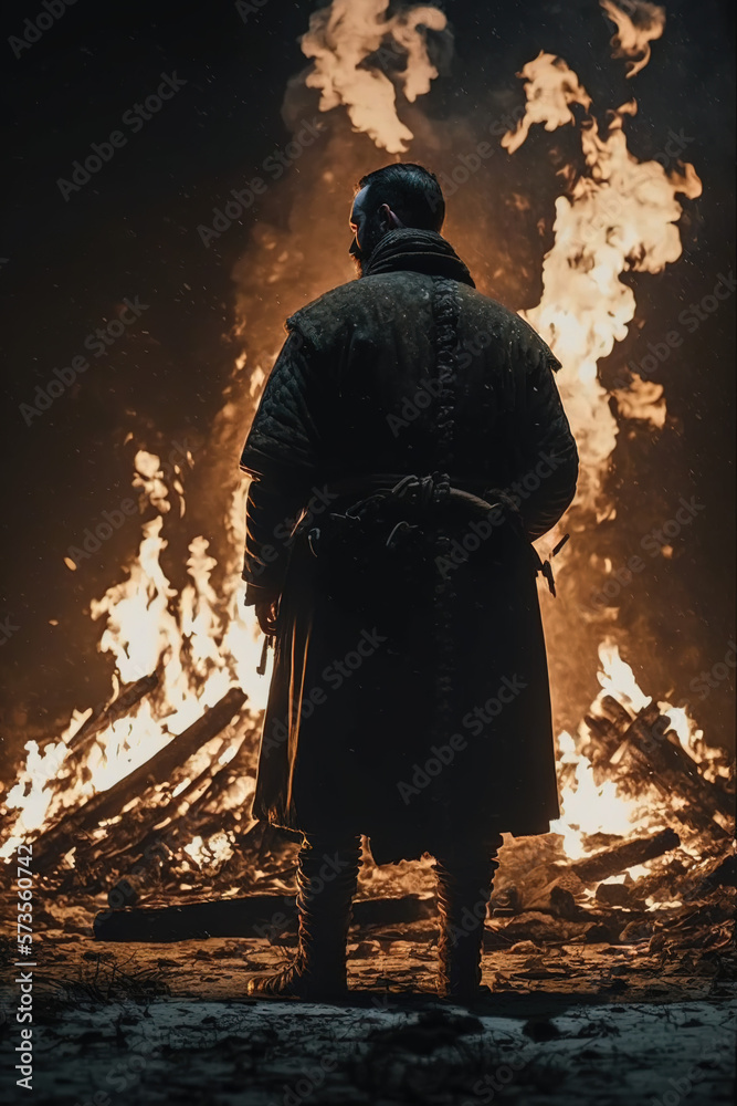 Man standing in front of a fire. Generative AI.