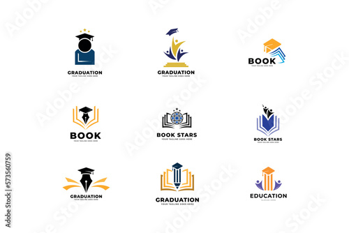 Education logo book, pencil, earth, toga, people vector template.
