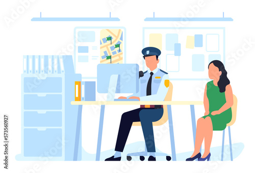 Detective sits at desk and interrogates woman. Police station. Policeman talking with witness. Searching evidences. Patrol office department. Cop interviewing female. Vector concept
