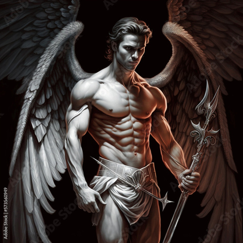 an angel holding an infernal trident behind his back (AI)