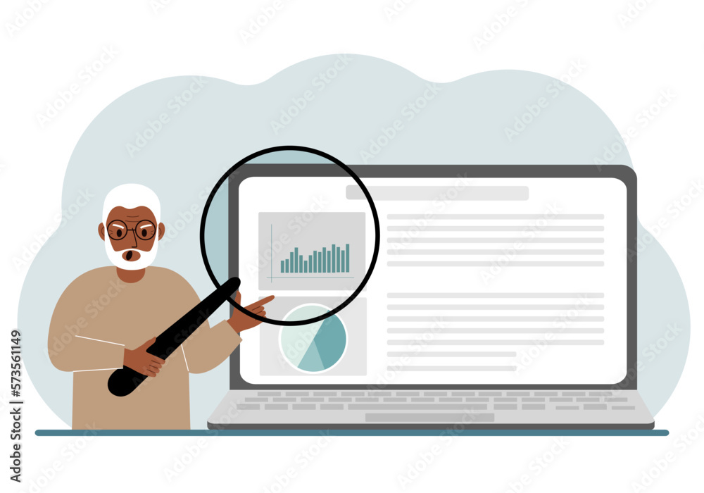 A old man shows a report, a presentation on a laptop with a magnifying glass vector illustration. Financial business analysis, audit, planning concept.