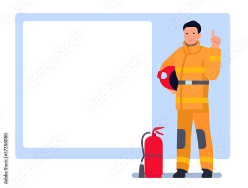 Fireman on blue background informs about fire safety. Firefighter with fire extinguisher. Man showing blank square banner. Blaze extinguish. Firefighting prevention. Vector concept