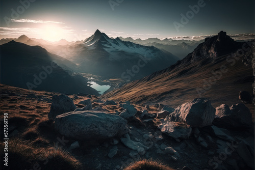 scenic sunrise in the high mountains of the alpes, Generative AI