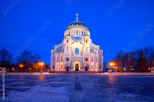 The ancient Naval Cathedral of St. Nicholas the Wonderworker in the night illumination. Kronstadt (Saint Petersburg)