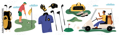 Golf players. Different sport accessories. Professional sportsman with club bag and ball. Game equipment. Golfing car and shoes. Athletic clothing. Garish vector golfers elements set