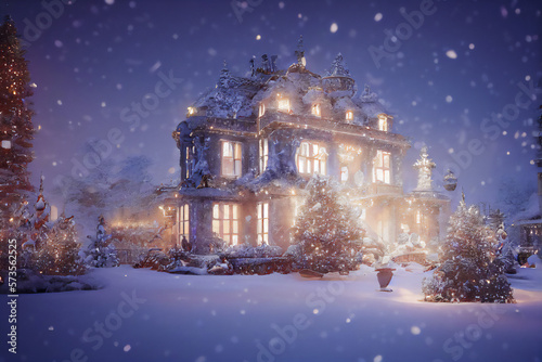 A festive illustration of a Christmas castle in the snow