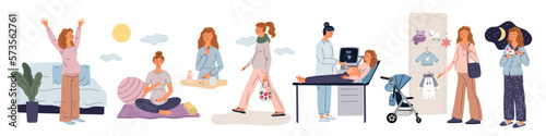 Happy pregnant woman daily routine. Future mother does yoga. Medical health checkup. Mom drinks vitamins and goes store. Female preparing for childbirth. Garish vector pregnancy set