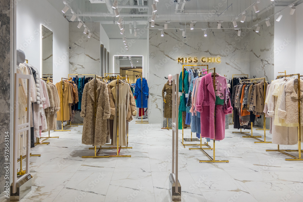 Moscow,Russia 02 16 2023 Clothes magazine shop in Paveletskaya plaza ...