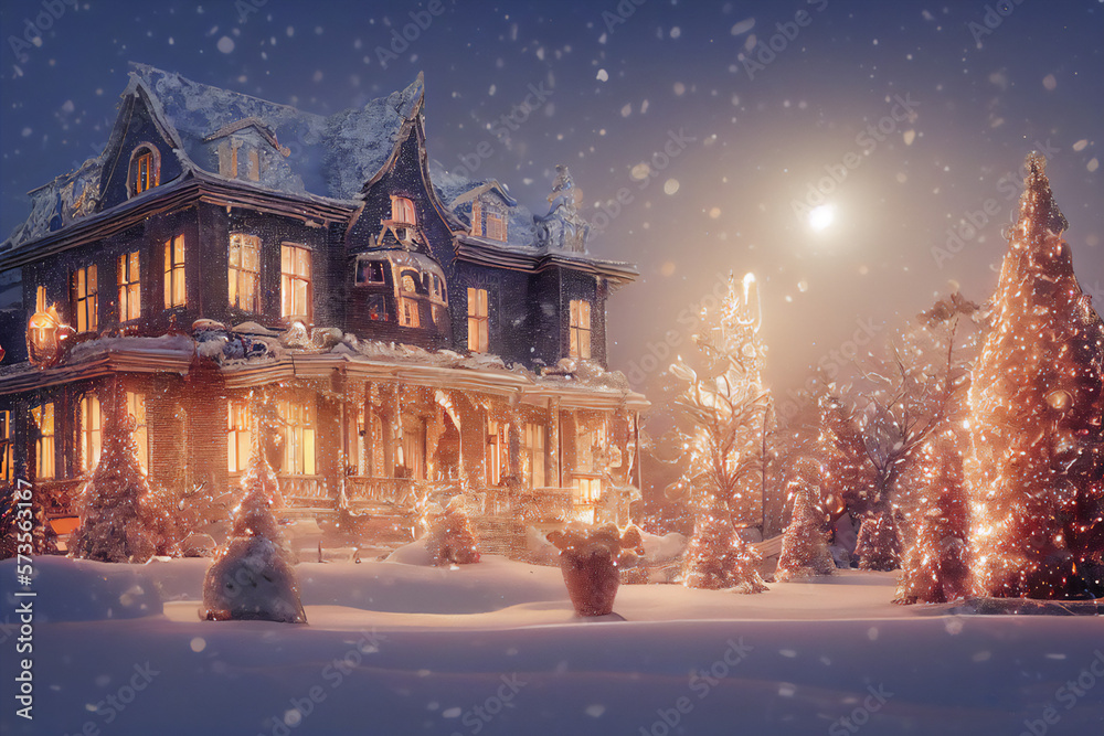 A picturesque Christmas village with a snow-covered castle illustration
