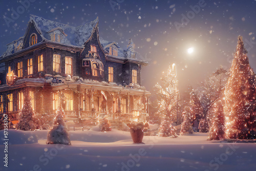A picturesque Christmas village with a snow-covered castle illustration