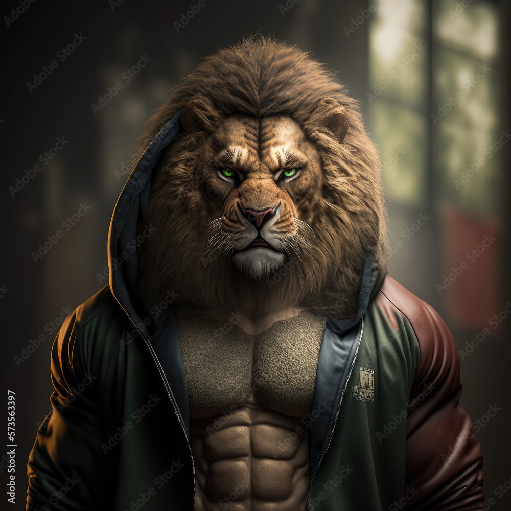 a lion wearing a sportsuit at the gym, generative ai Stock-Illustration |  Adobe Stock