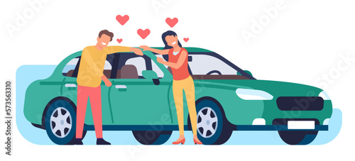 Joyful man and woman embracing their favorite car. Young couple buying automobile. People hugging vehicle. Transport purchase. Love hearts. Buyers happiness. Auto owners. Vector concept