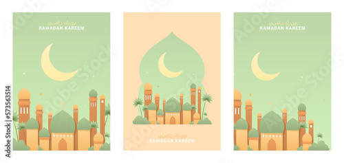 Set of posters for Ramadan Kareem. Vector illustration with mosque, stars and crescent in pastel colors. Holy month Ramadan. Flyers for Islamic holiday. Arabic text translation Ramadan Kareem.