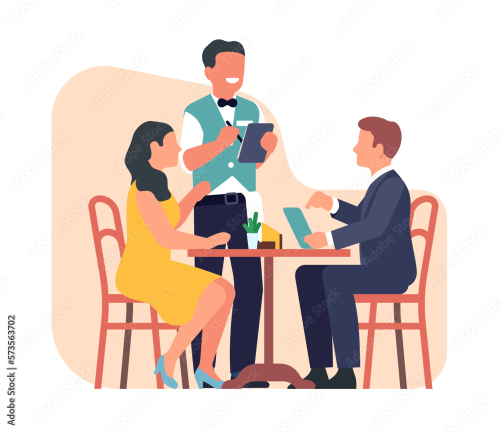 Man and woman sit at table in cafe and waiter takes their order. Romantic dating. Dinner in restaurant. Couple at dining desk with menu. Family ordering meal in cafeteria. Vector concept