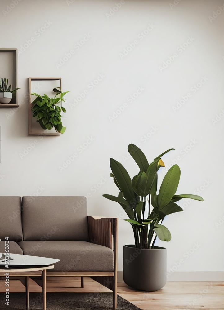 vertical crop of indoor living space with houseplants and sofa, Generative AI