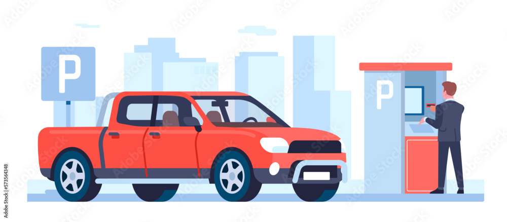 Naklejka premium Man pays for parking space with automatic machine. Transport traffic. Payment for garage access. Male drives automobile pickup. Auto park automation terminal. Car zone. Vector concept