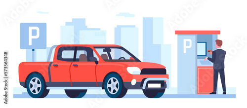 Man pays for parking space with automatic machine. Transport traffic. Payment for garage access. Male drives automobile pickup. Auto park automation terminal. Car zone. Vector concept