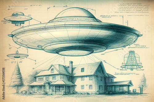 UFO the flying saucer technical blueprint notebook - Generative AI illustration photo