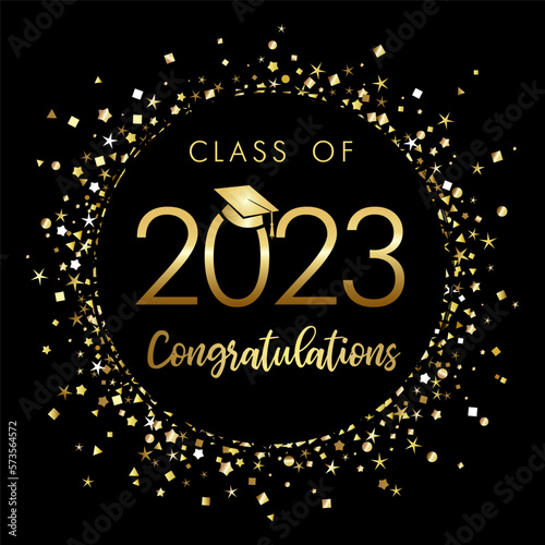 Class of 2023 graduation poster with gold glitter confetti and academic hat. Template for design party high school or college, graduate invitations or banner. Vector illustration