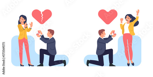 Man proposes to woman. Girlfriend agrees or rejects engagement. Boyfriend gifting proposal ring. Wedding jewelry. Broken heart. Romantic relationship. Cute couple datings vector set