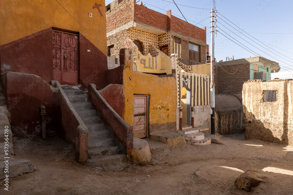 Aswan City Elephantine Island. Traditional Nubian Architecture. Aswan is located along the Nil River. Aswan, Egypt. Africa. Aswan City Elephantine Island. Traditional Nubian Architecture. Aswan is located along the Nil River. Aswan, Egypt. Africa.
